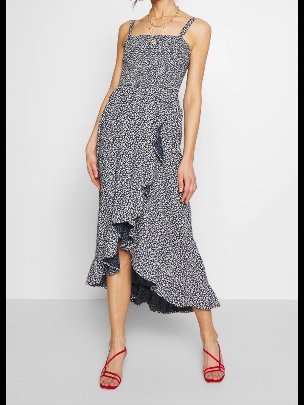 NWT Hollister Navy Blue Floral Ruffle Midi Dress